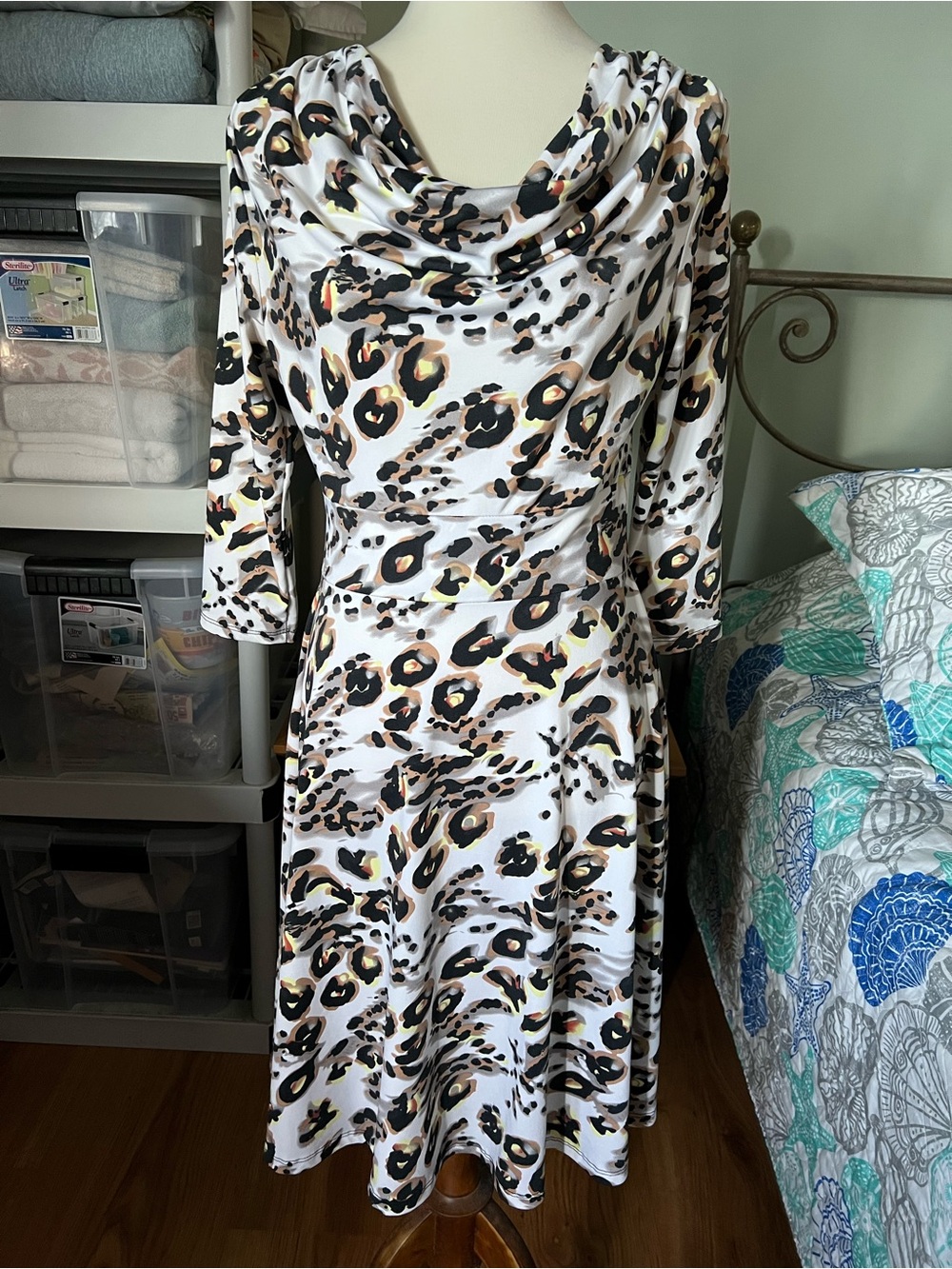 Avital White Leopard Print Cowl Neck Long Sleeve Fit-and-Flare Dress